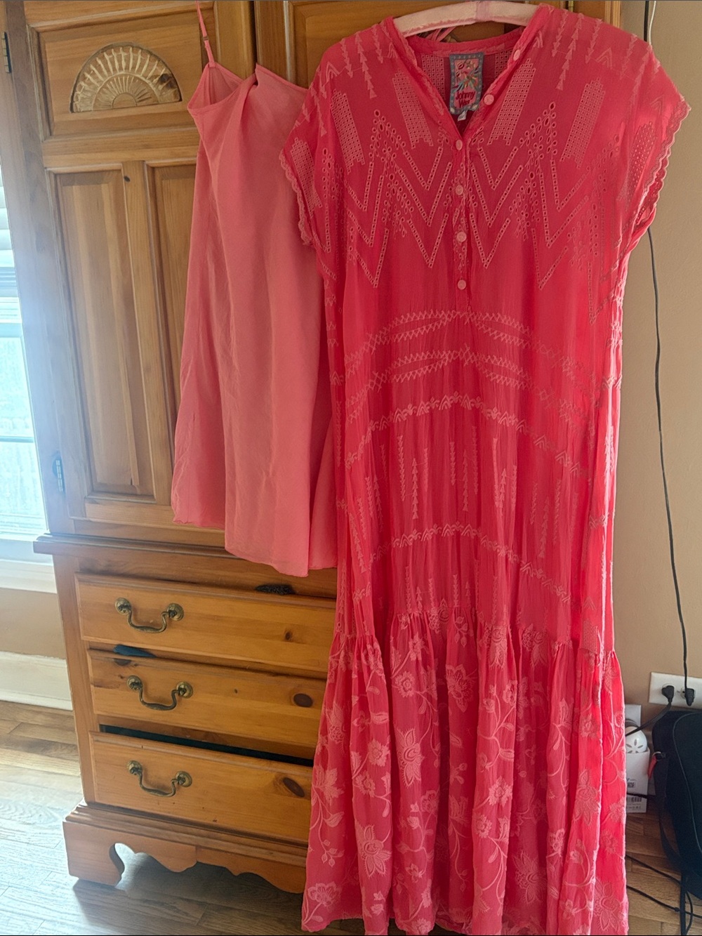 Johnny Was Coral Pink Embroidered Maxi Dress with Slip